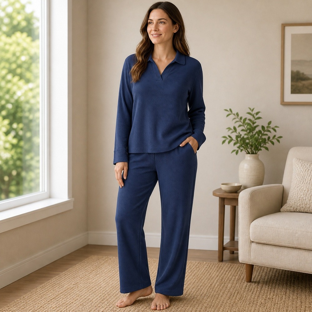 Cuddl Duds Womens Navy Blue Waffle‎ Knit Polo Top and Pants Lounge Set Size TXS